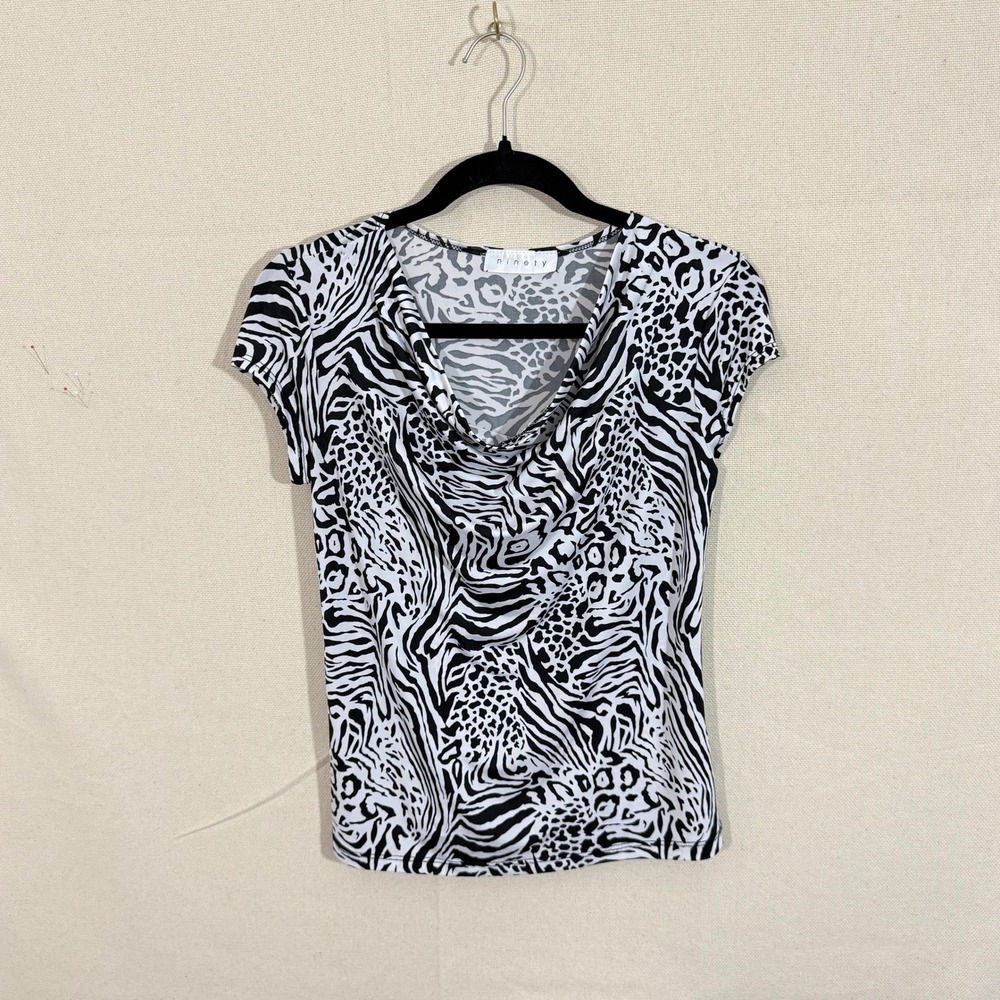 Ninety Womens Zebra Leopard Print Cowl Neck Short Sleeve Top Black White Size M